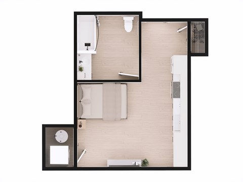 Floor plan for 1 bed, 1 bath, 400 sqft